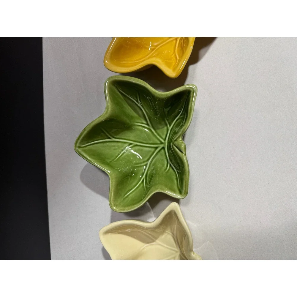 Set of 3 Ceramic Ivy Leaf Dipping Bowls Yellow Green Cream Autumn Harvest Decor